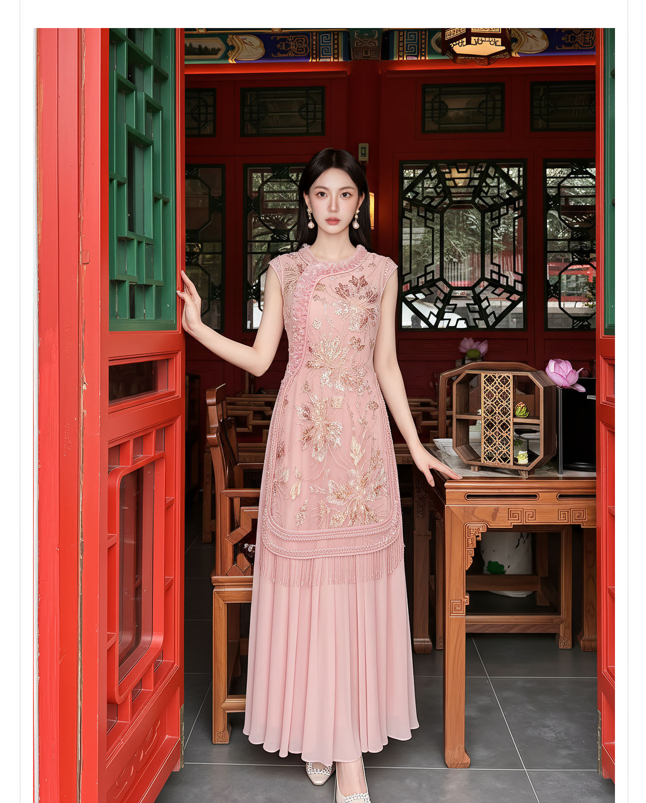 Đầm maxi nữ thắt eo thiết kế hoa nổi thêu ren cao cấp — màu hồng chi tiết 4