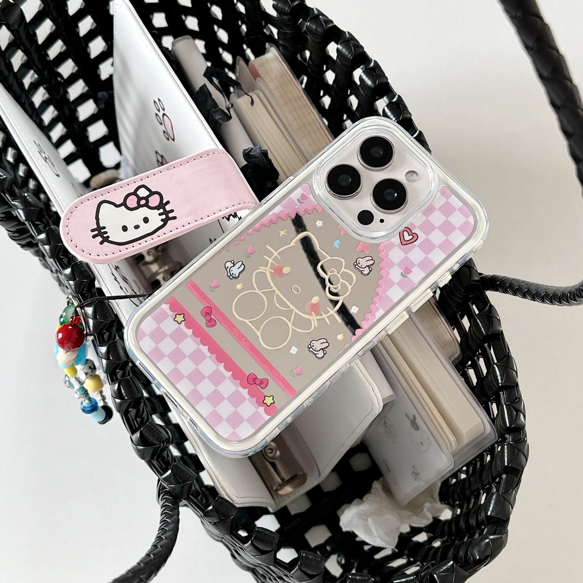 Dibujos animados lindo espejo KT gato para Apple 16proMax funda para teléfono móvil 15Pro chica 14/13 colgante 15PM