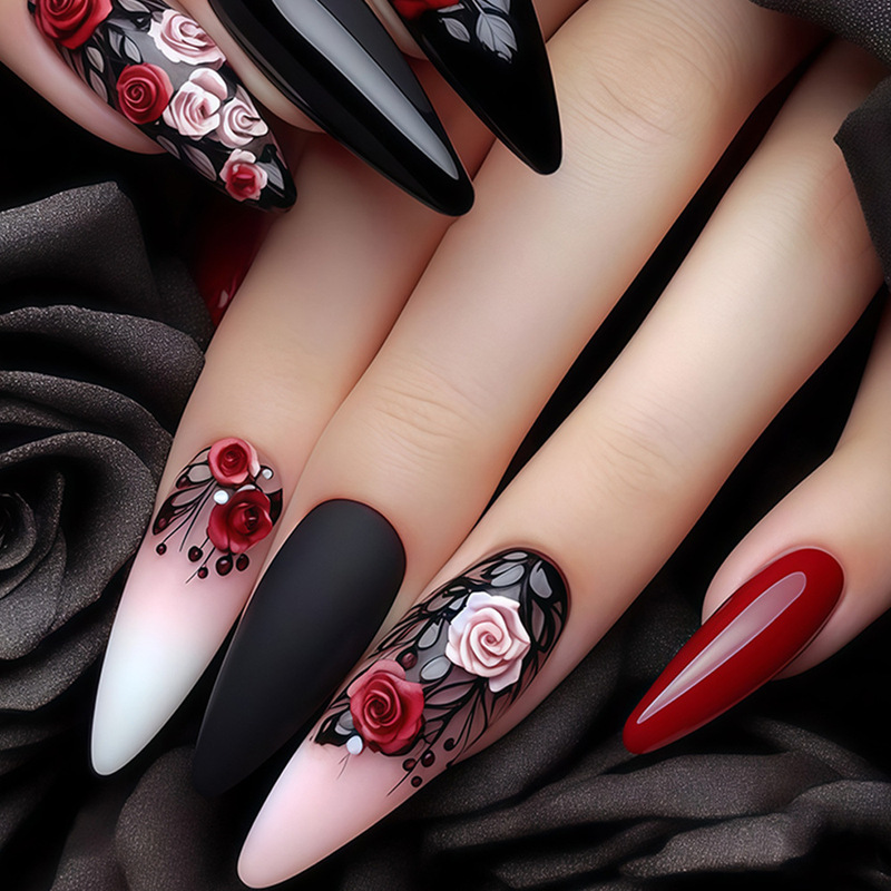 Long Water Drop Nails, Elegant and Cool, Black and Burgundy Glossy Surface, Rose Flower and Leaf Stripes, Brightening Effect, Fake Nails Long Water Drop Nails, Elegant and Cool, Black and Burgundy Glossy Surface, Rose Flower and Leaf Stripes, Brightening Effect, Fake Nails