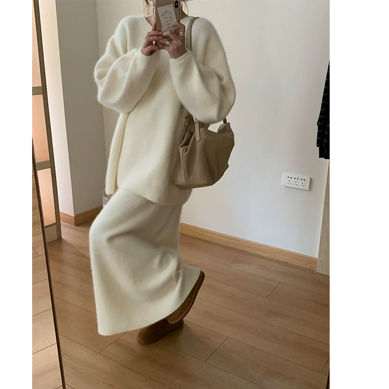 Корейский нежный стиль вязаный костюм для женщин 2025 осень-зима новый дизайн кардиган топ + юбка комплект из двух предметов