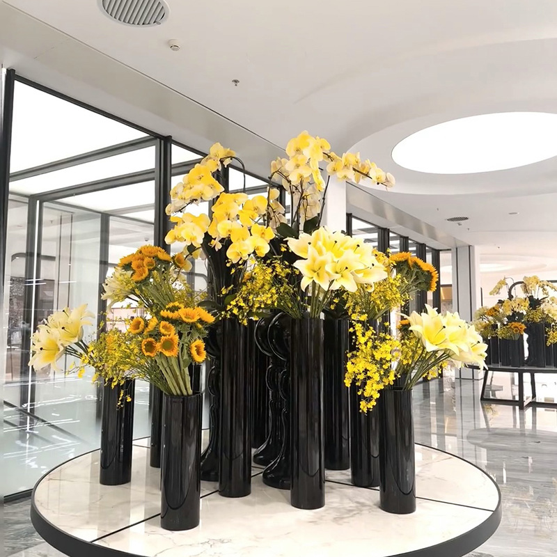 Non-Painted Black Simple Straight Glass Vase Floor-Standing Flower Arrangement Vase Hotel Model Room Decorative Ornaments
