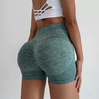 跨境笑脸蜜臀短裤女高腰速干无缝紧身翘臀三分健身裤运动瑜伽短裤