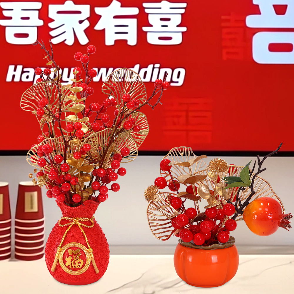 Flores de barril de bendición pequeñas macetas de mudanzas abiertas decoración de recepción de sala de estar, decoración de frutas ricas, maceta festiva