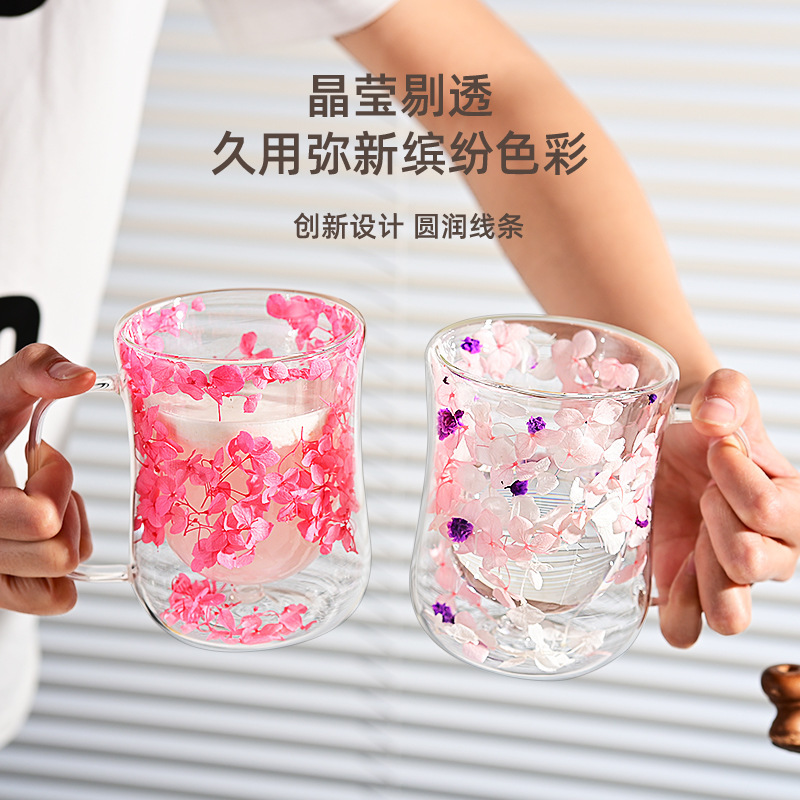 Cross-Border Wholesale Small Waist-Shaped Dried Flower Double-Layer Cup, Anti-Scalding Insulated Petal Cup, High Borosilicate Double-Layer Glass Real Flower Cup Cross-Border Wholesale Small Waist-Shaped Dried Flower Double-Layer Cup, Anti-Scalding Insulated Petal Cup, High Borosilicate Double-Layer Glass Real Flower Cup