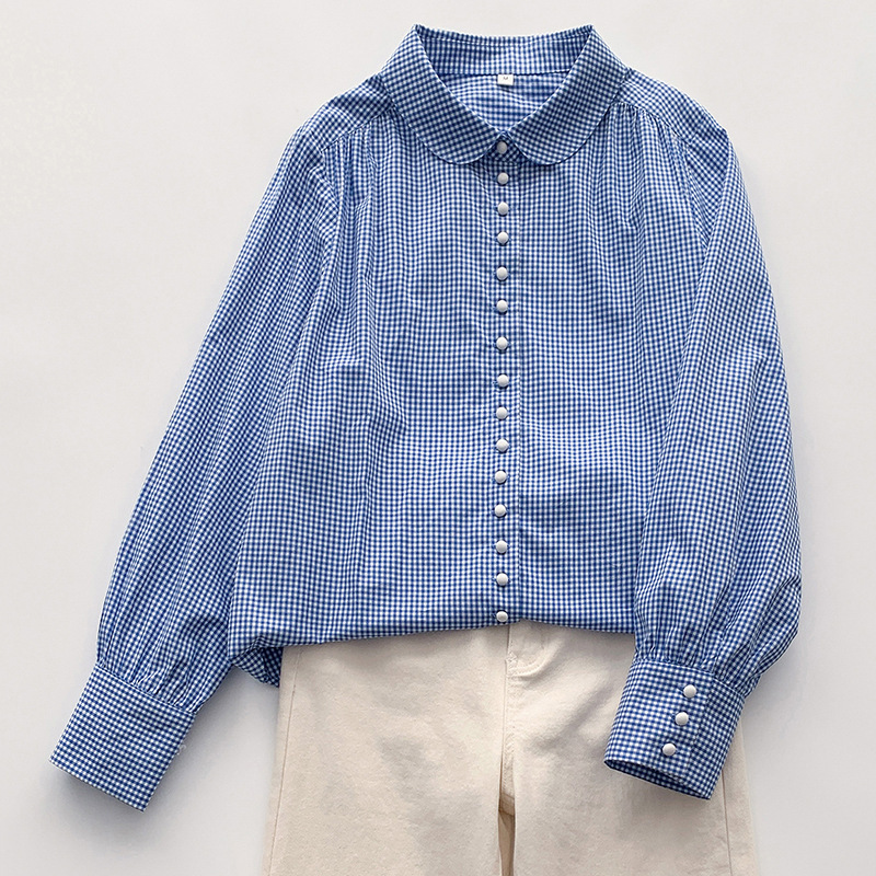 Real-shot in stock Niche-breasted Plaid Shirt All-match B- in Natural High-count Cotton French-style Cotton Shirt Women's Top