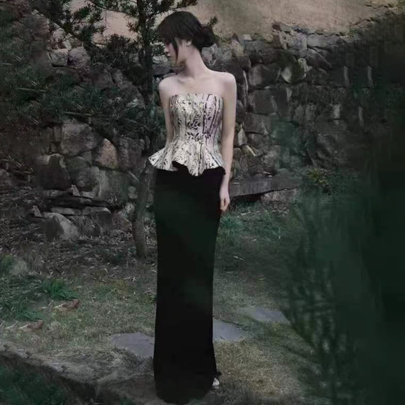 French Style Tube Top Retro Floral Evening Dress New Banquet High-end Light Luxury Elegant Fishtail Dress Banquet Dress Niche