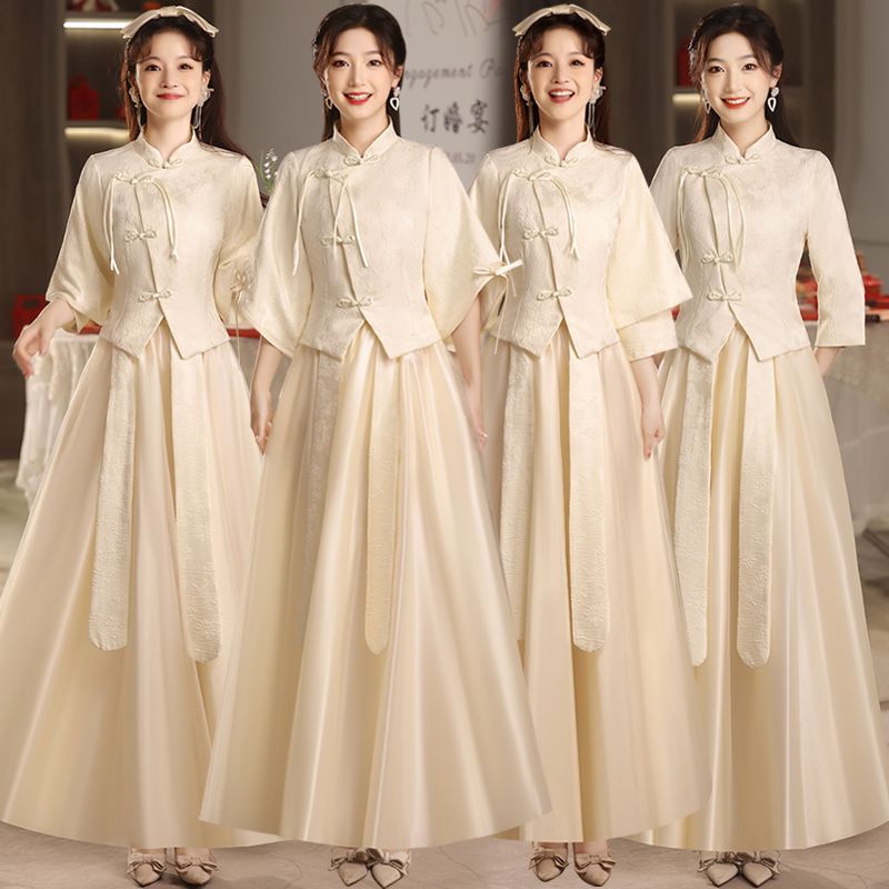 中式伴娘服2025新款秋冬香槟色中国风立领姐妹团礼服女改良秀禾裙