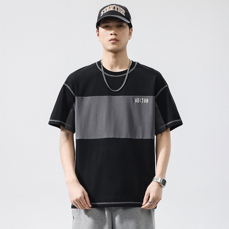 Men's summer new round neck T-shirt men's loose patchwork letter printed short sleeved shirt_voghion.com