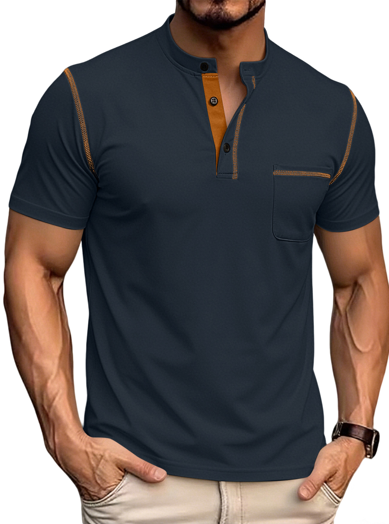 Camiseta polo de punto para hombre, de color sólido, estilo Henley, de secado rápido, ajustada, de manga corta, para verano, de Amazon, transfronteriza entre Europa y América.
