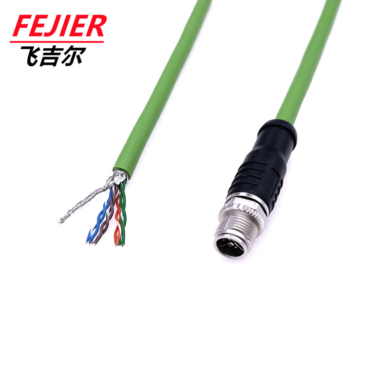 M12 X Code Connector with Cable, Cat 5E and Cat 6 Network Cable, X Code Connector for Train Switchgear Equipment