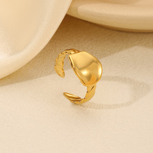 欧美时尚简约个性冷淡风不锈钢金色开口可调节不规则圆形钱币戒指