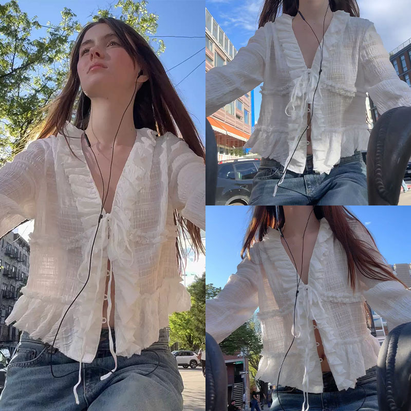 FanShun·XH Korean-style ruffled lace-up shirt, Dongdaemun autumn new solid color V-neck slim-fit long-sleeve top FanShun·XH Korean-style ruffled lace-up shirt, Dongdaemun autumn new solid color V-neck slim-fit long-sleeve top