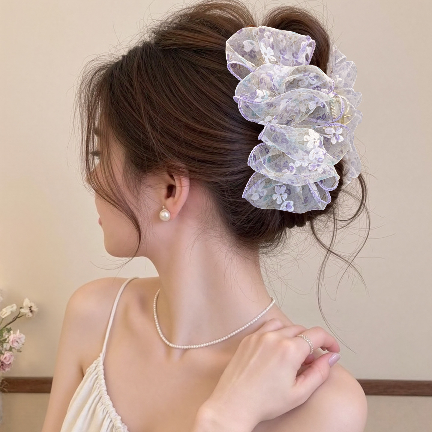 보라색 꽃무늬 리본 클립(클립 길이 약 13cm)