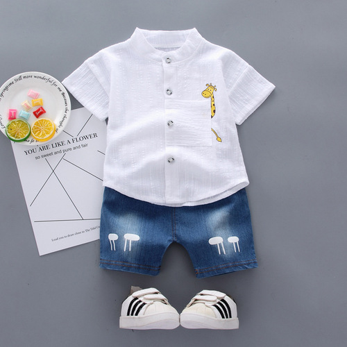Export Trade Korean Version Children's Clothing Summer New Style Small and Medium Children Boys' Cross-border New Cartoon Shirt Jeans Suit 2 Pieces
