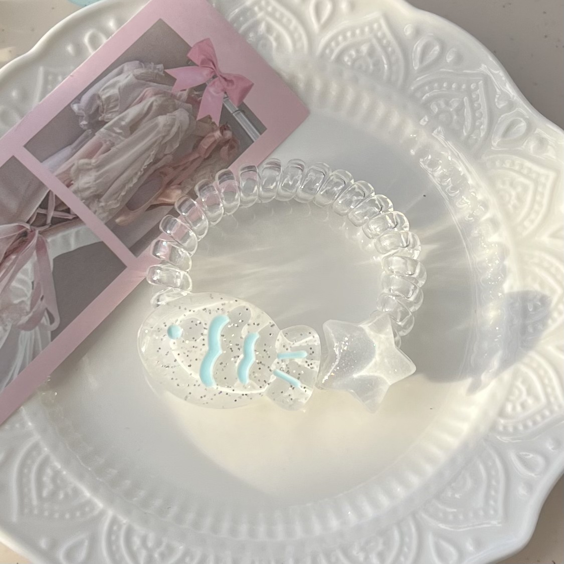 고운 핑크 도미 + 별 전화반지 [화이트]