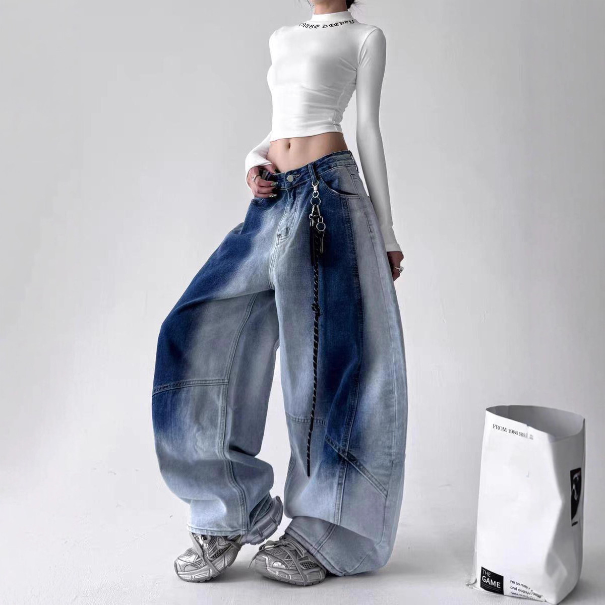 Vintage Hip-Hop Street Washed Jeans for Women, Loose Wide-Leg Slimming Versatile Hip-Hop Gradient Jazz Scimitar Pants