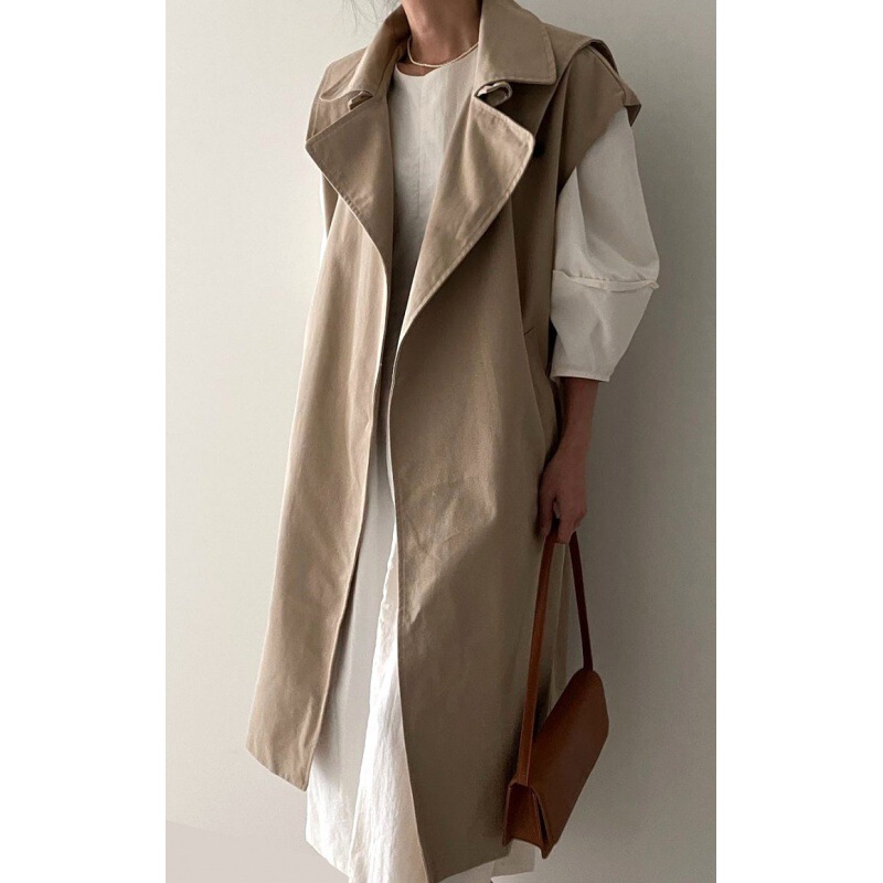 Korean chic autumn fashion retro temperament lapel double-breasted belt waist long sleeveless trench coat coat Korean chic autumn fashion retro temperament lapel double-breasted belt waist long sleeveless trench coat coat
