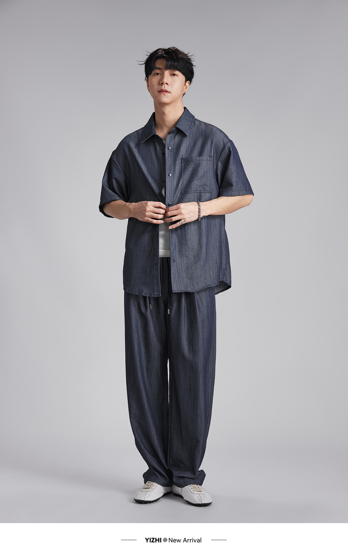 Bộ đồ thể thao nam phong cách denim giả, áo sơ mi dài tay phối quần ống rộng — Tây Tạng màu xanh - quần dài chi tiết 10