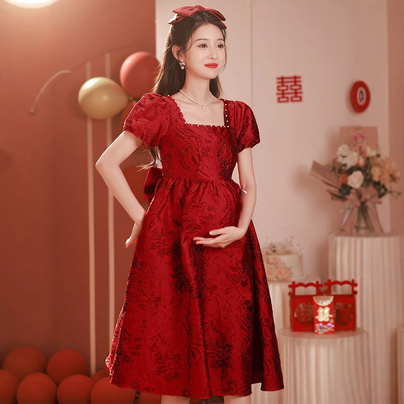 Plus Size Toast Dress Bride Engagement Dress Burgundy Pregnant Women Cover Belly Fat mm Fugitive Princess Dress Skirt Winter