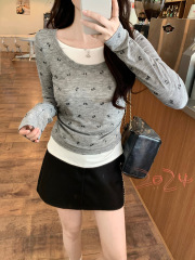 实拍长袖t恤韩版女装春秋2025薄款假两件短款修身打底衫圆领上衣