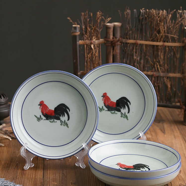 Household Nostalgic Rooster Ceramic Dish Plate Set Retro Blue and White Porcelain Underglaze Color Deep Plate Commercial Dining L^