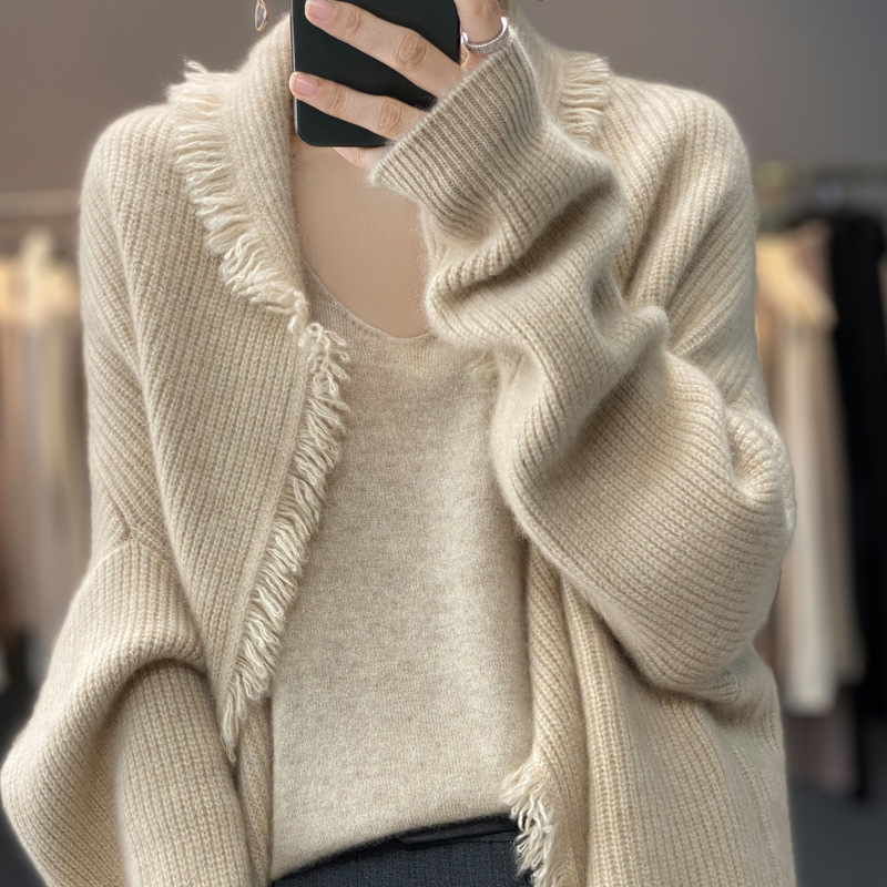 Damenbekleidung Western-Stil mittellange Strickjacke für Damen 2024 Herbst neuer fauler lockerer großer Schalpullovermantel_voghion.com