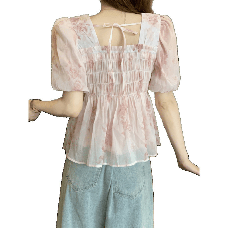 ミントマンボ夏の新しいフレンチスクエアカラー花柄甘い半袖シフォンシャツカレッジスタイルパフスリーブトップ女性用|undefined