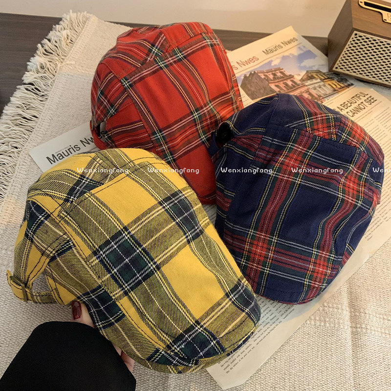Colorful dopamine retro artistic cap, plaid versatile spring and autumn newsboy cap, duckbill cap, large head circumference, trendy reverse wear Colorful dopamine retro artistic cap, plaid versatile spring and autumn newsboy cap, duckbill cap, large head circumference, trendy reverse wear