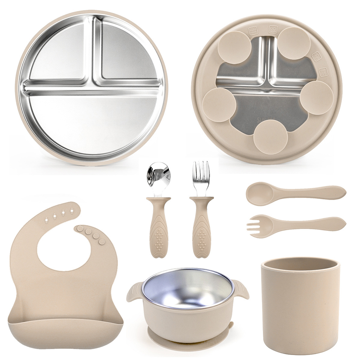 Plato de comida para niños cuenco de ventosas de silicona para bebés cuenco de alimentos suplementarios 304 plato de acero inoxidable para bebés con platos de comidas de ocho piezas