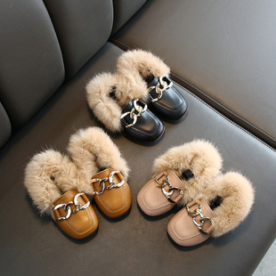2025 Autumn and Winter Children's Cotton Shoes Korean Style Girls' Slip-On Casual Shoes Baby Warm Outing Cotton Leather Shoes for Middle and Large Children