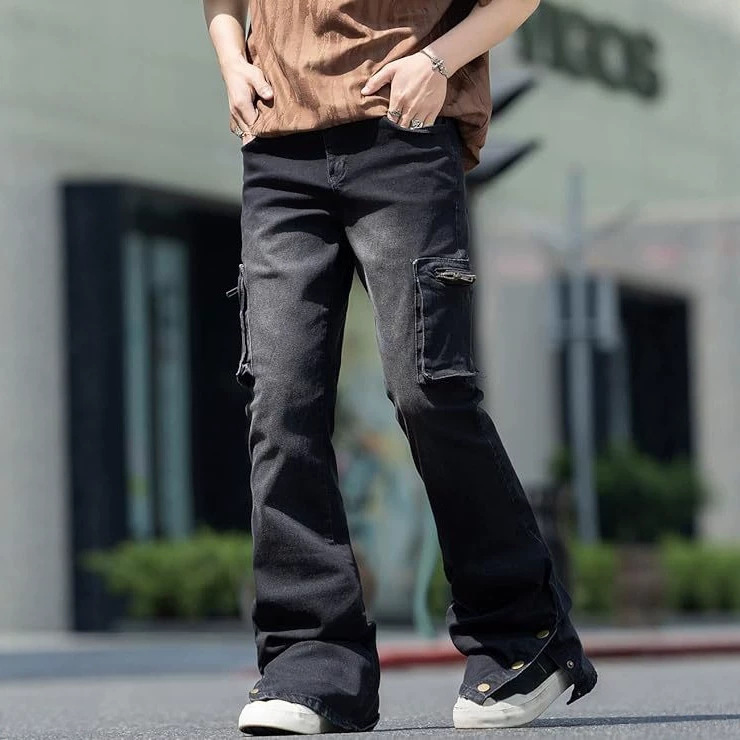 Men's Layered Jeans Slim Fit Stretch Denim Pants Flared Streetwear Pants