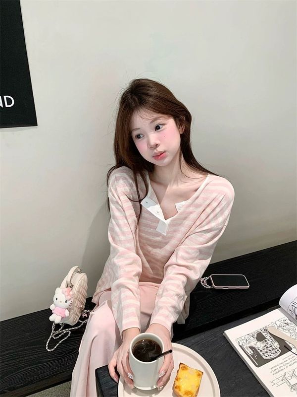 粉色条纹半开领系带长袖T恤女早秋季慵懒风气质休闲宽松甜美上衣|undefined