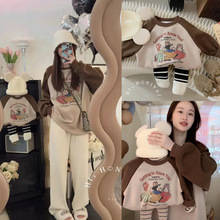 实拍韩国秋冬装一家三口卡通插肩袖撞色亲子卫衣秋款加厚连体衣潮