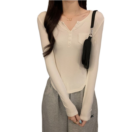 Lady's Long-Sleeve Base Shirt with Design Knob, Spring and Autumn Fashion, Fitted and Slimming, Asymmetrical Short Style, Pure Desire Top
