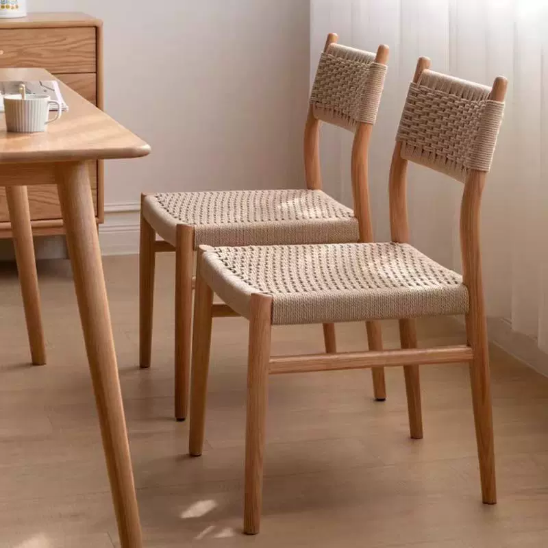 日式实木绳编餐椅北欧风家用客厅书桌椅子中复古设计师民宿小凳子