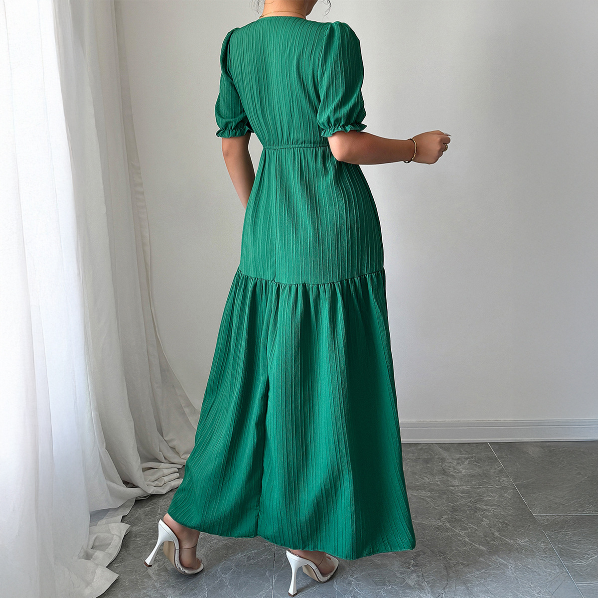 Women's Elegant Short-Sleeve Maxi Solid Color Dress