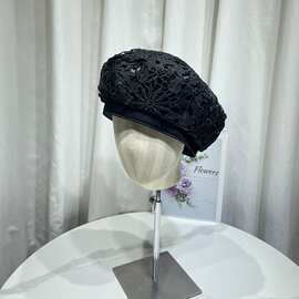 日系甜美蕾丝花朵黑色贝雷帽子女春秋时尚休闲画家南瓜帽蓓蕾帽潮