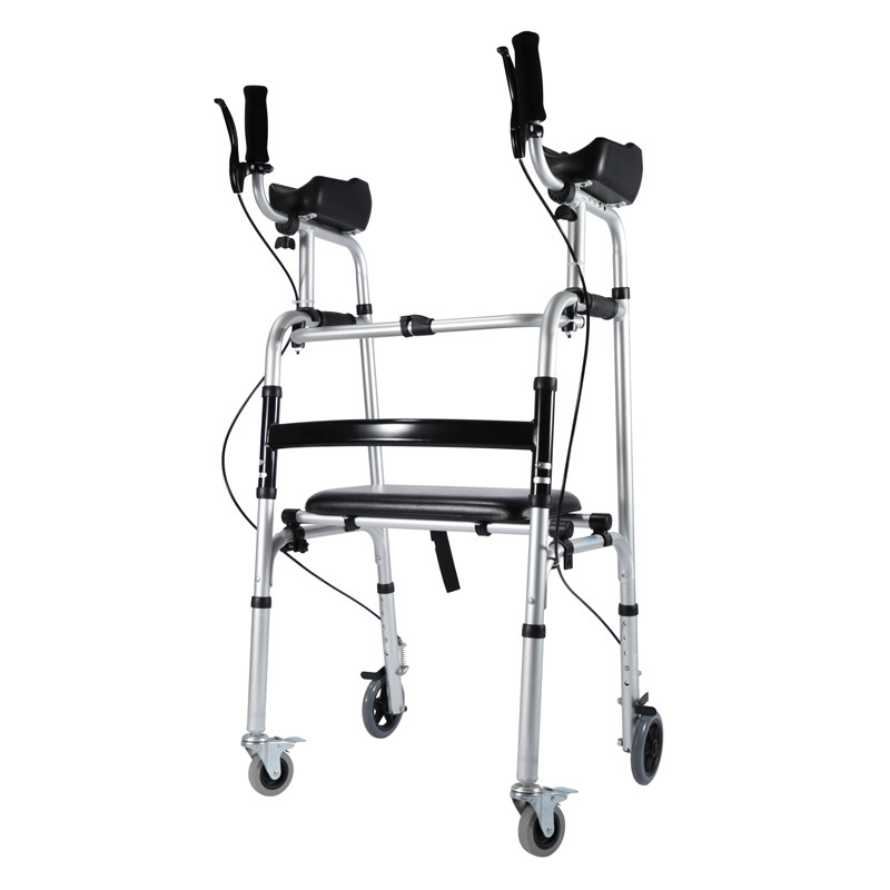 andador con rueda y asiento, aleación de aluminio para discapacitados, muletas de cuatro patas, andador auxiliar de rehabilitación con brazo, andador de arrastramiento