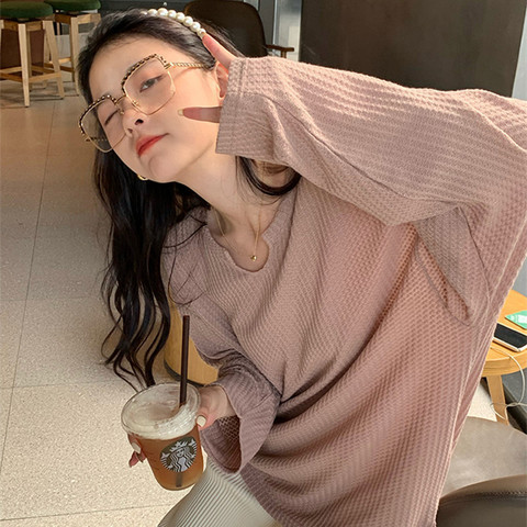 2026 Autumn New Waffle Sweatshirt for Women, Thin Korean Style Loose Student Long-Sleeve T-Shirt, Trendy Ins Style 2026 Autumn New Waffle Sweatshirt for Women, Thin Korean Style Loose Student Long-Sleeve T-Shirt, Trendy Ins Style