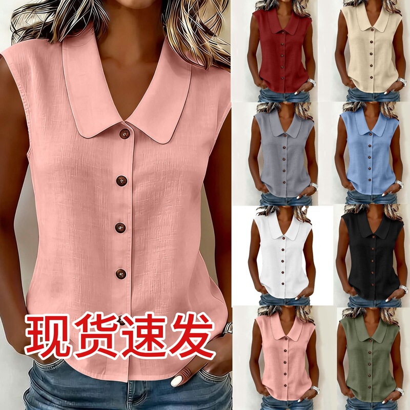 2026 European and American Cross-Border New Style Solid Color Lapel Sleeveless Top Loose Casual Versatile Multi-Color Women's Shirt 2026 European and American Cross-Border New Style Solid Color Lapel Sleeveless Top Loose Casual Versatile Multi-Color Women's Shirt