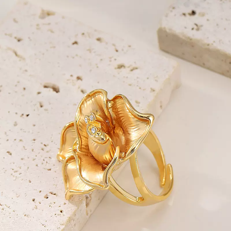 欧美跨境夸张个性镶钻立体花卉可调节开口戒指女小众个性通勤手饰