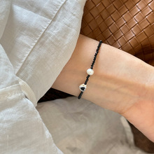 黑尖晶爱心珍珠手链s925纯银手链女手工串珠百搭秋冬款首饰B3254