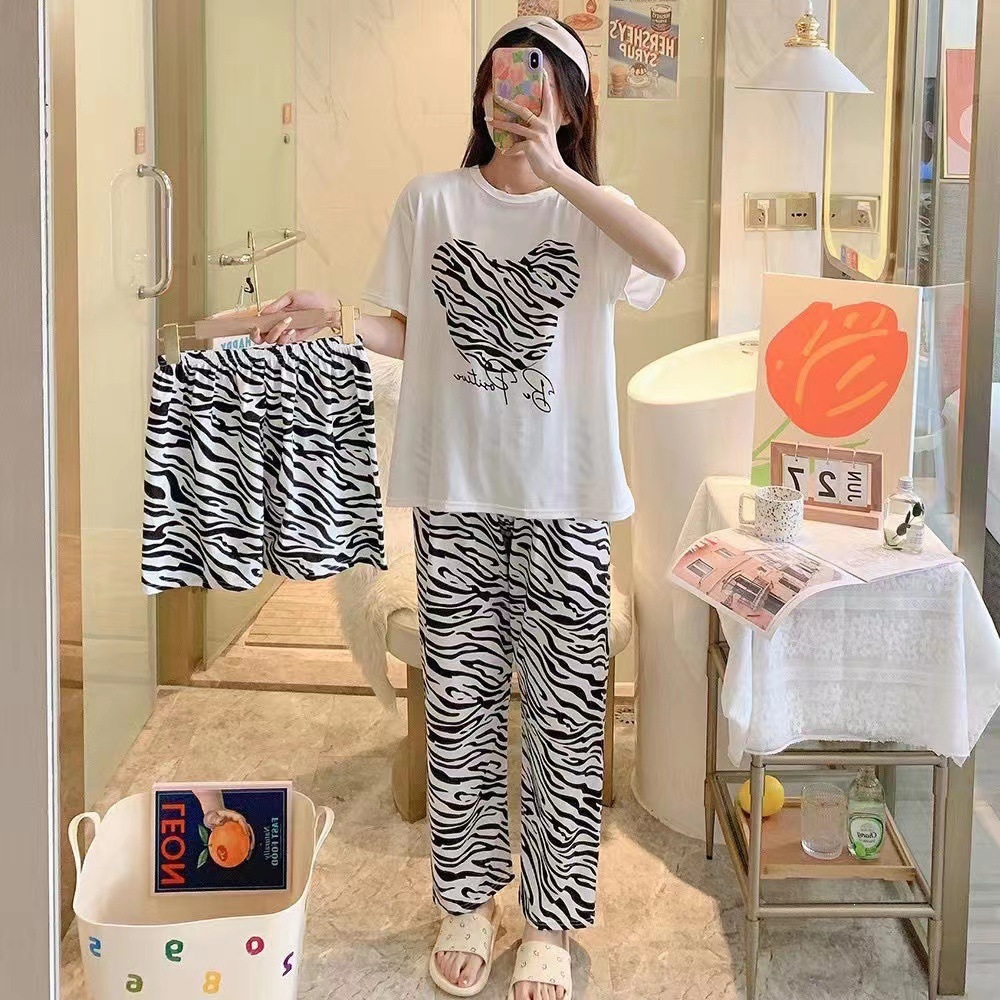 Pijamas de verano de mujeres de verano de mangas cortas nuevo estilo 2025 en línea rojo coreano ins estudiantes ropa de hogar se puede usar con tres piezas