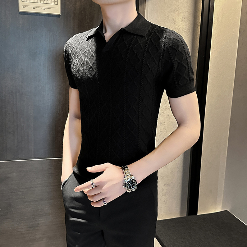 Camisa POLO cuello en V manga corta hombre textura en forma de diamante sentido negocio británico delgado verano hielo seda marea comercio exterior transfronterizo al por mayor