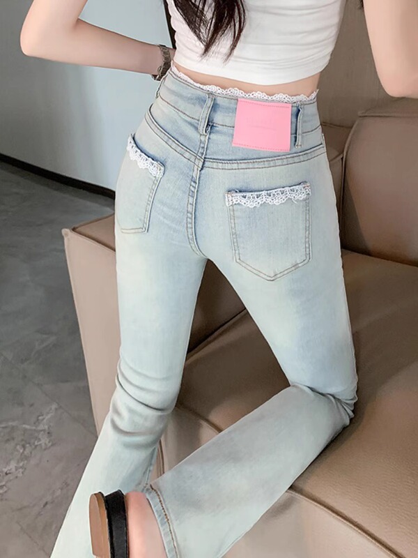 提臀紧身蕾丝拼接浅色女式微喇牛仔裤女夏高腰显瘦微喇裤子女款|undefined