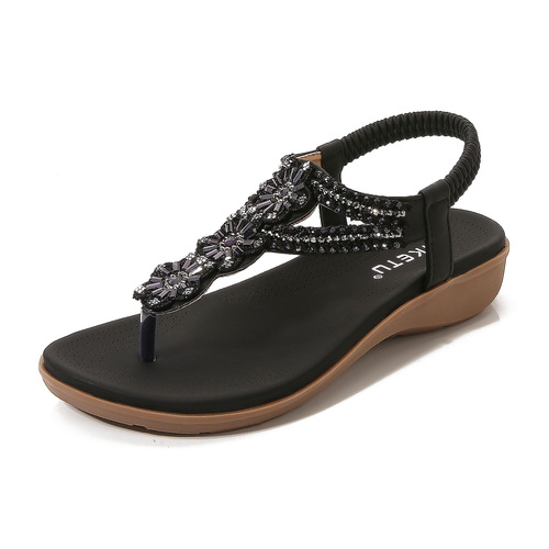 2024 Summer New Style European and American Retro Rhinestone Beads Soft and Comfortable Vacation Seaside Beach Wedge Sandals for Women