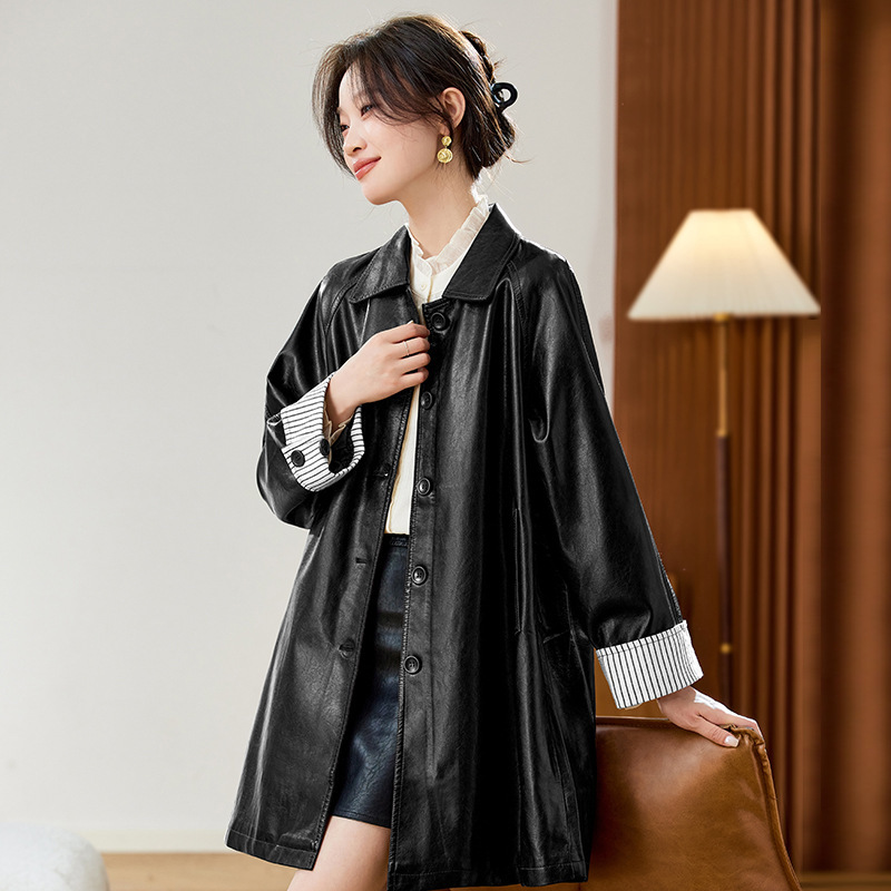 Korean Loose Mid-Length Pu Leather Windbreaker 2025 Autumn and Winter New Style This Year's Popular Elegant Jacket Women's Pure Color Outwear Korean Loose Mid-Length Pu Leather Windbreaker 2025 Autumn and Winter New Style This Year's Popular Elegant Jacket Women's Pure Color Outwear