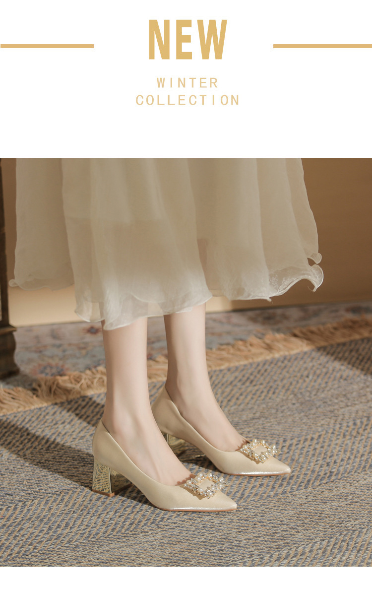 Giày cưới mũi nhọn gót thô cao 9 cm, miệng nông, phong cách cổ điển — Màu đỏ rượu chi tiết 2