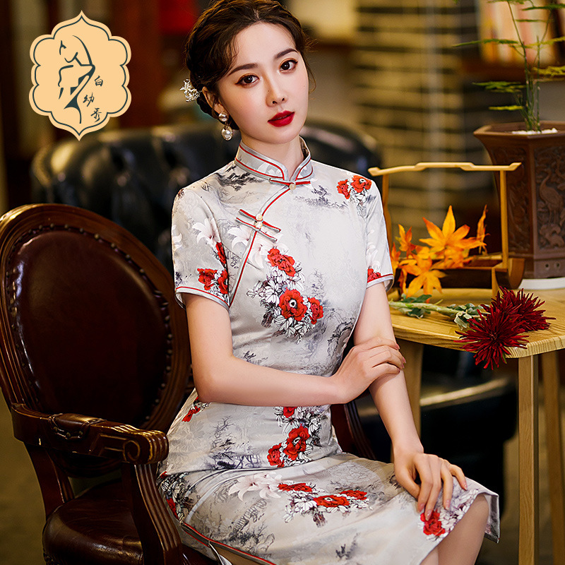 Retro Chinese Dress oriental old shanghai Qipao Chinese wind cultivate morality cheongsam elegant cheongsam short-sleeved dress collar fashion