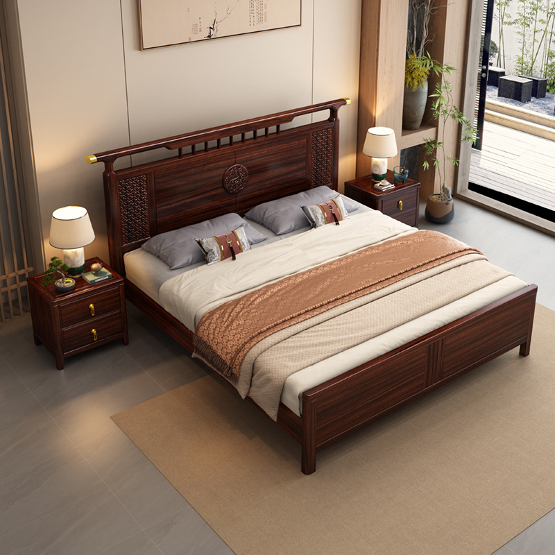 新型烏金木新中国式実木ベッド1.8m寝室ダブルベッド家庭用結婚ベッド中古風気圧収納ベッド